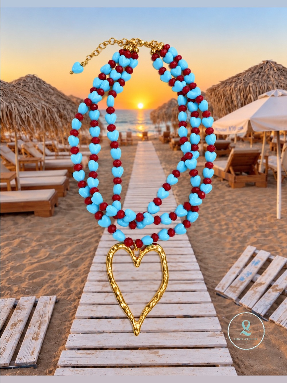 Triple-Strand Beaded Necklace with Gold Heart Pendant — Turquoise & Red